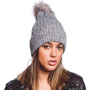 Gray Heather Cable Knit Fuzzy Lined pom Pom Beanie